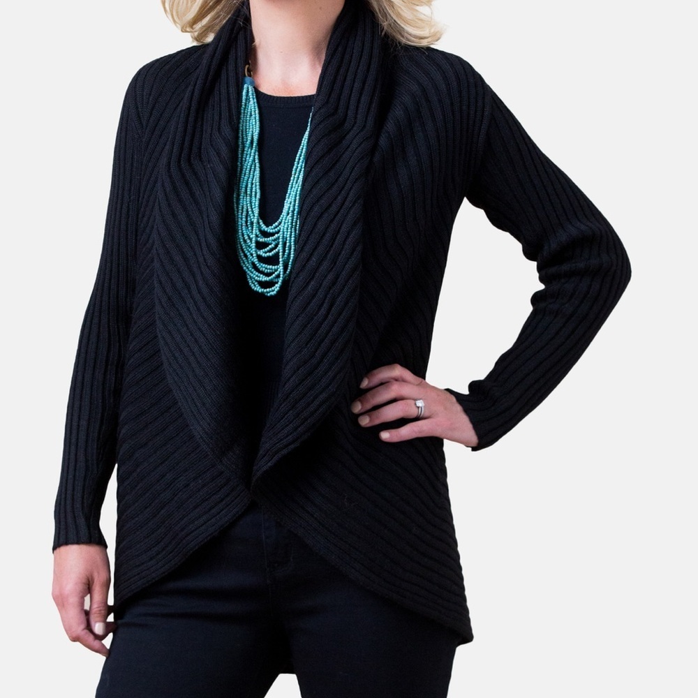 Simply Natural Alpaca blend black round open cardigan sweater rib small